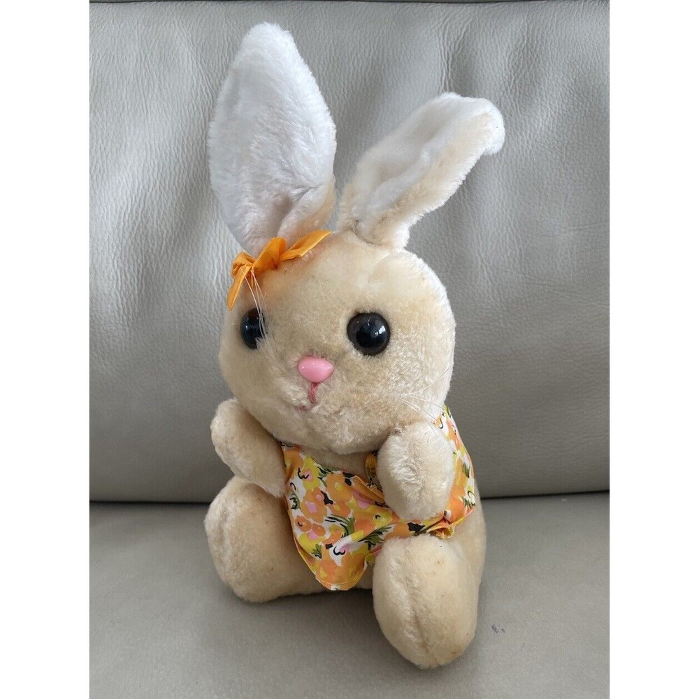 vintage Dakin 1977 bunny rabbit with bow orange floral dress EUC Stuffed Plush
